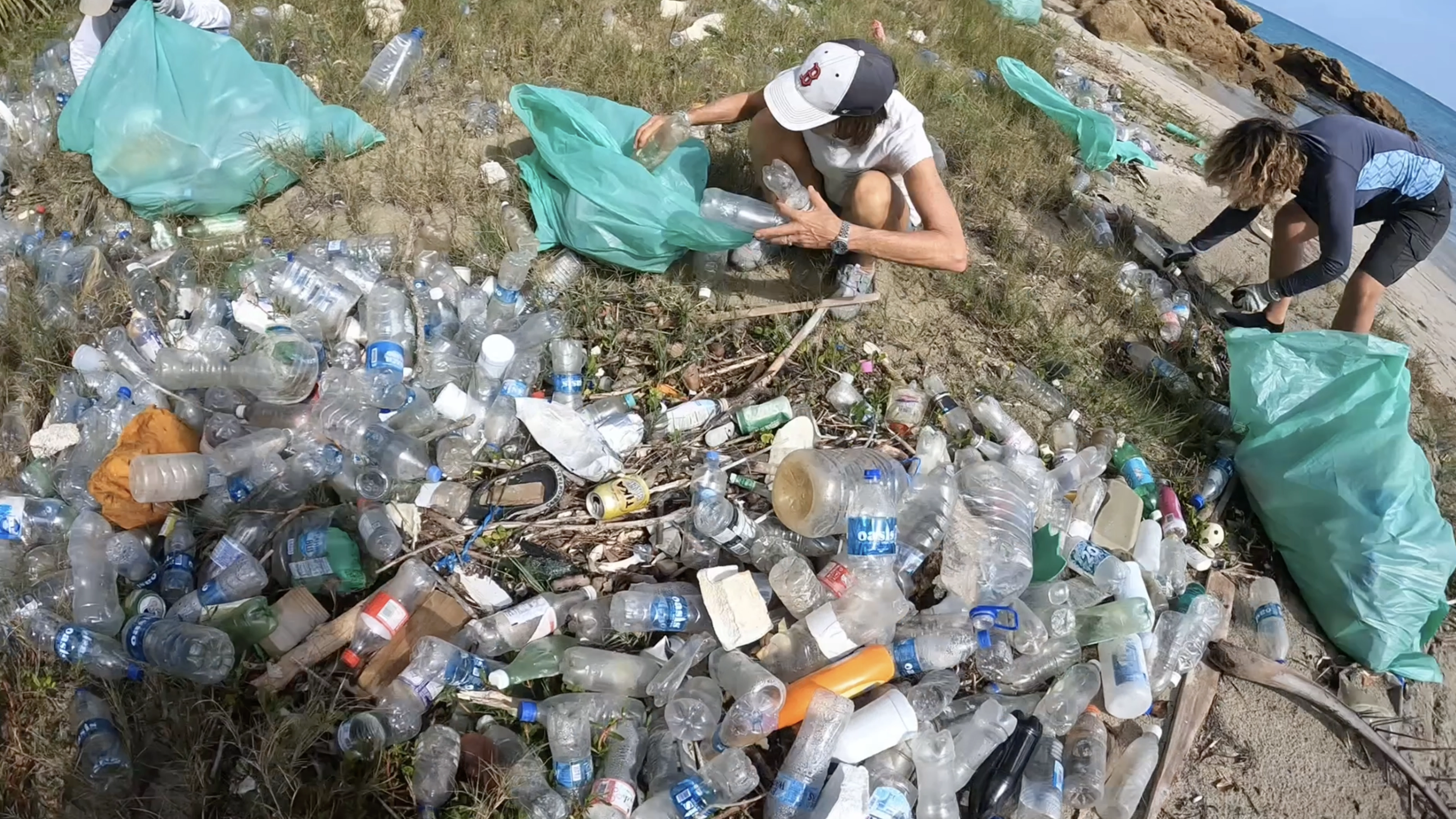 Volunteers collecting plastic bottles from wild coastline